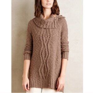 Anthropologie Moth Cable Knit Boucle Sweater Split Cowlneck Light Brown